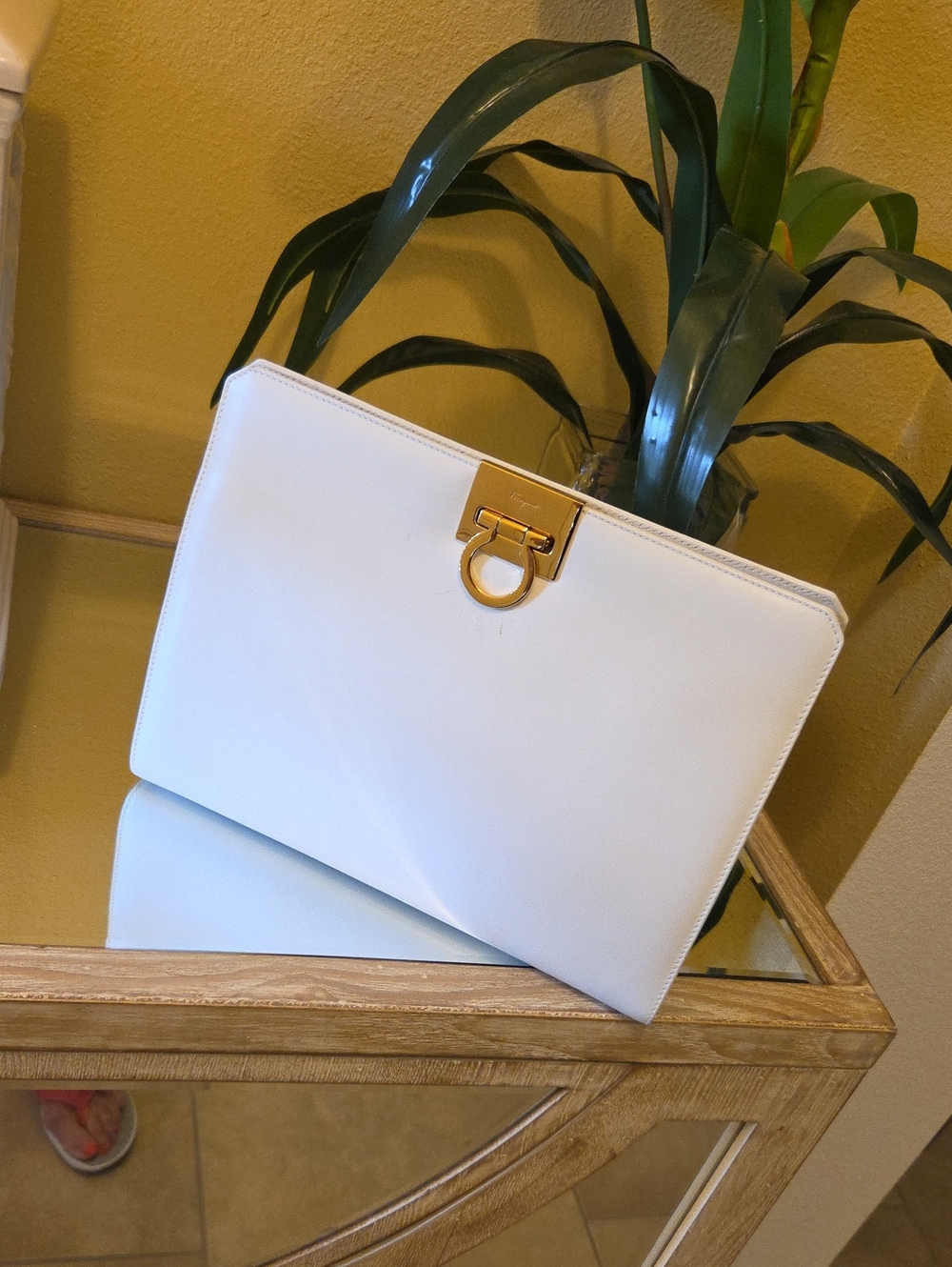 Salvatore Ferragamo White Leather Clutch with Gold-Tone Gancini